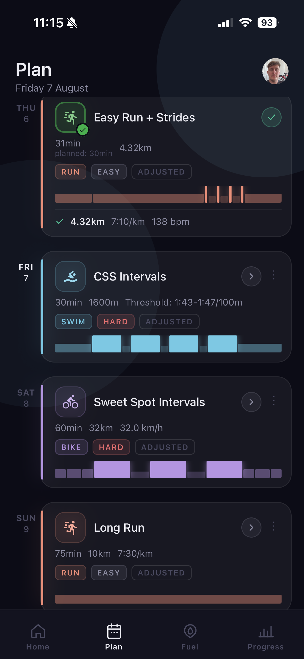 Weekly training plan